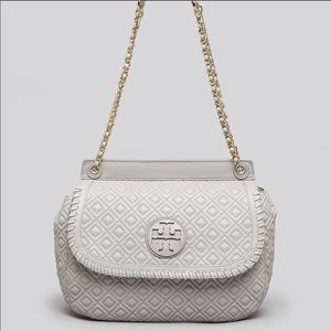 Tory Burch Light Gray Quilted Marion Saddle Bag
